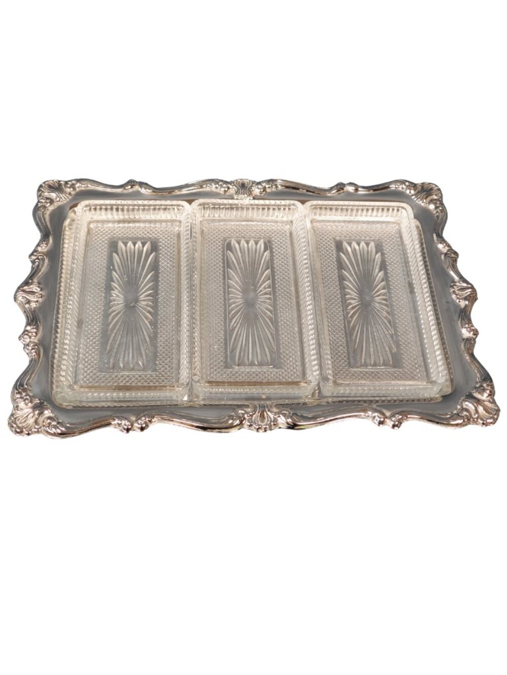 Vintage Silver Plated Serving Tray - 3 Glass Inserts - Barware Entertain